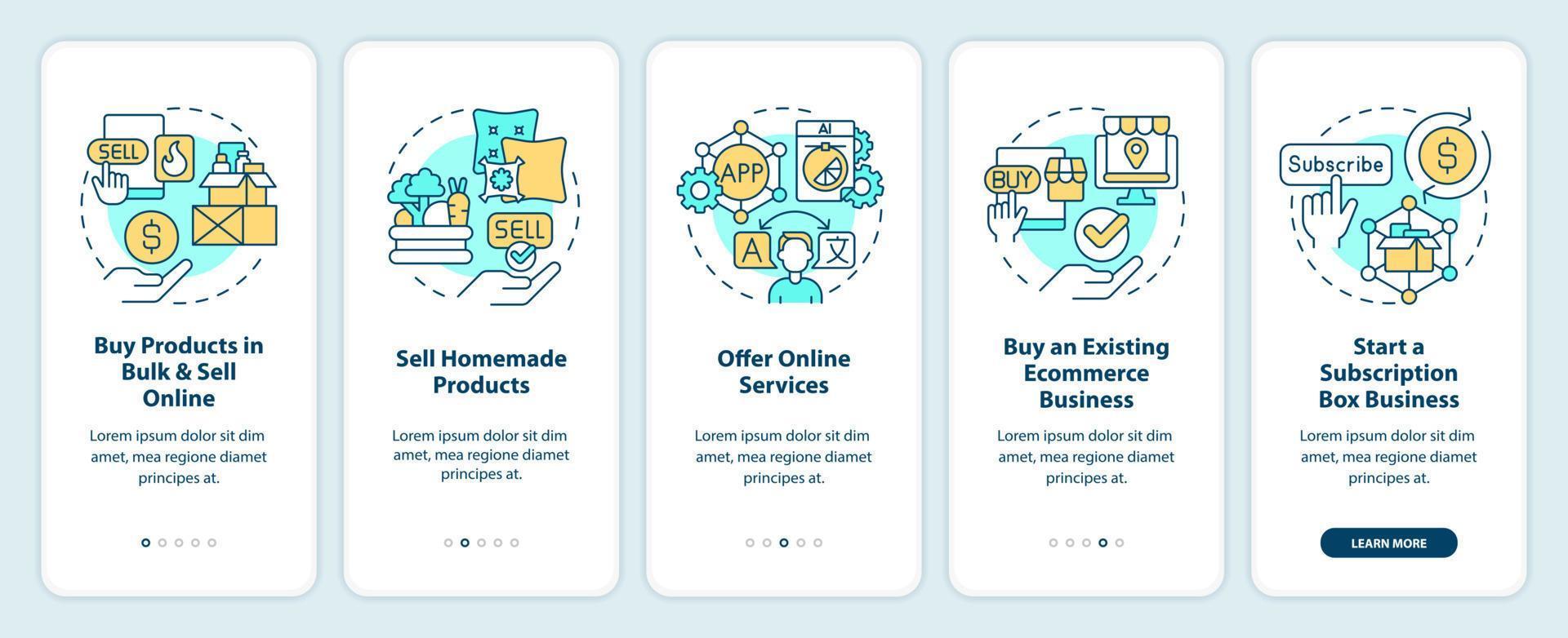 Profitable home business ideas onboarding mobile app screen. Walkthrough 5 steps editable graphic instructions with linear concepts. UI, UX, GUI template vector