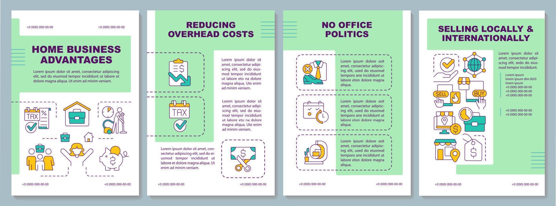 Home based business benefits brochure template. Working remotely convenience. Leaflet design with linear icons. Editable 4 vector layouts for presentation, annual reports