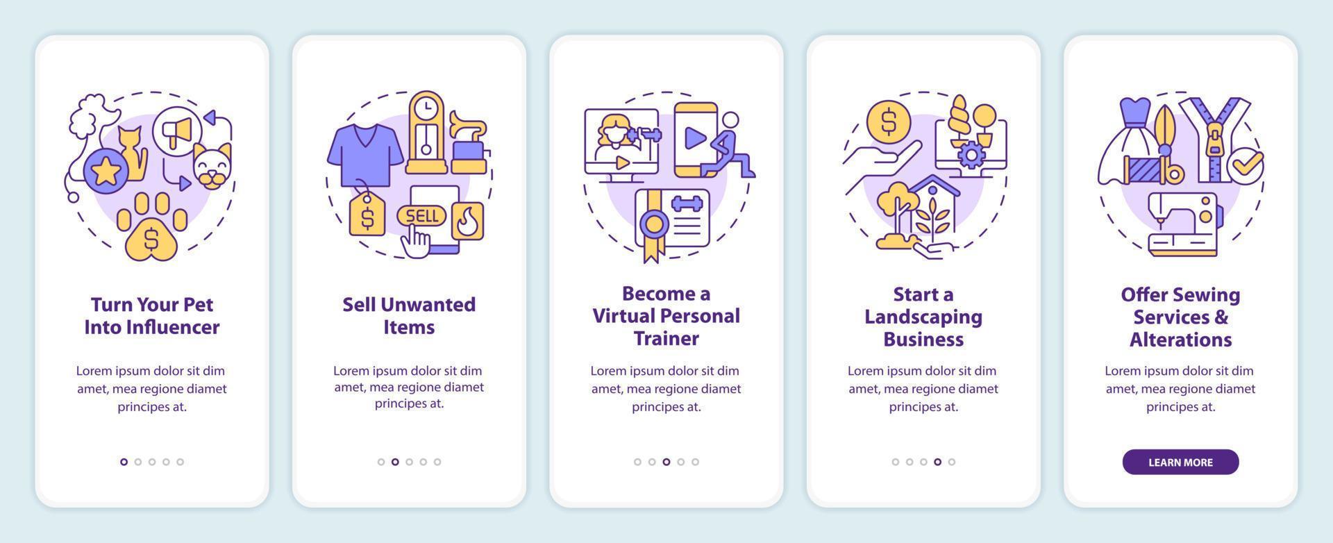 Home business ideas for ladies onboarding mobile app screen. Walkthrough 5 steps editable graphic instructions with linear concepts. UI, UX, GUI template vector
