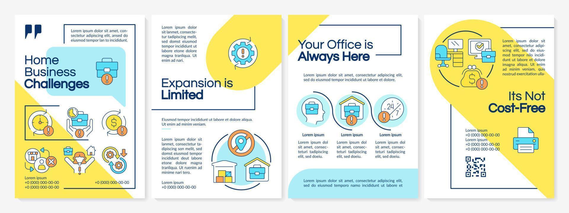 Home business issues blue and yellow brochure template. Freelance work. Leaflet design with linear icons. Editable 4 vector layouts for presentation, annual reports