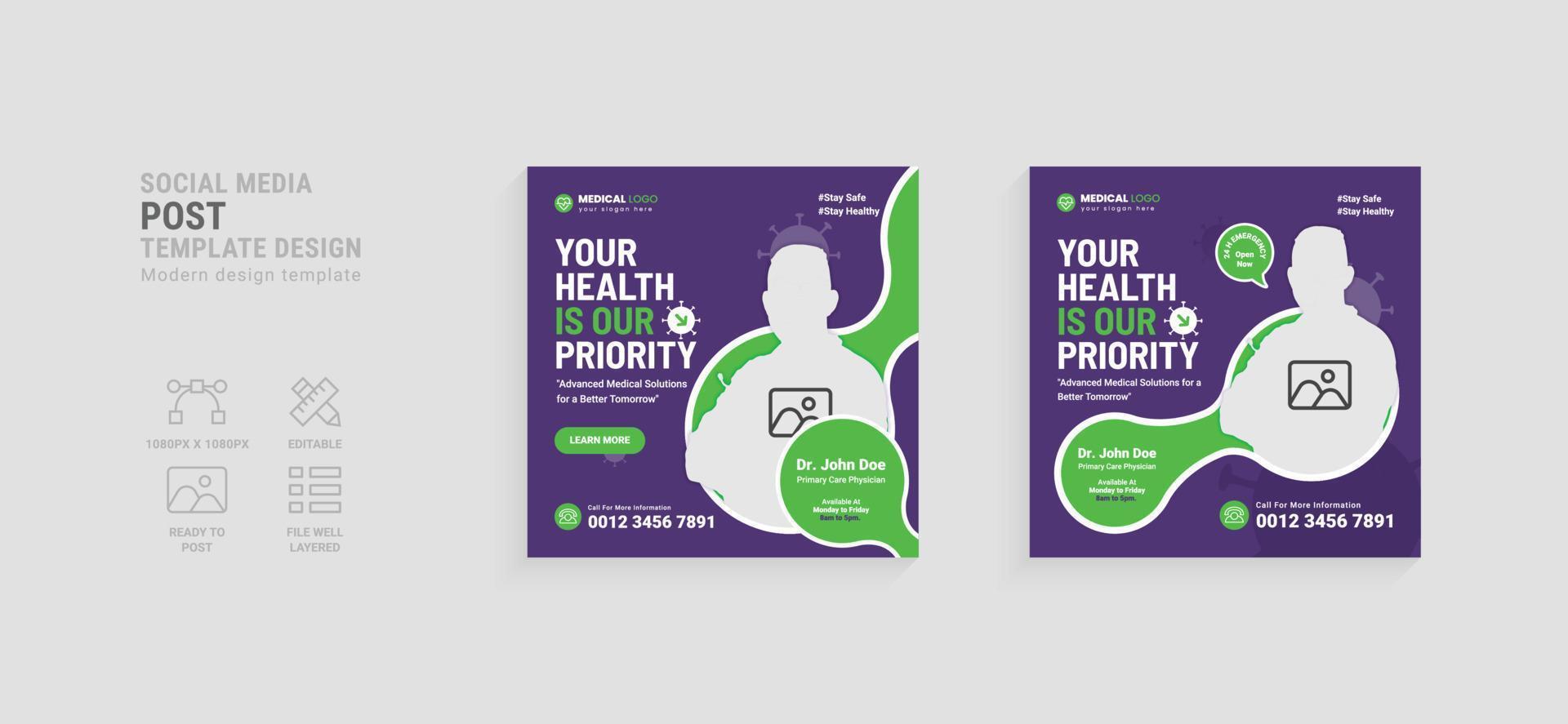 Creative medical social media post template design vector