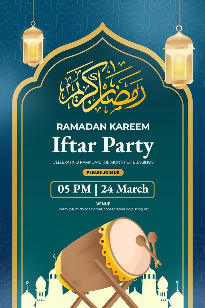 Realistic ramadan kareem iftar poster template with lantern and traditional bedug vector