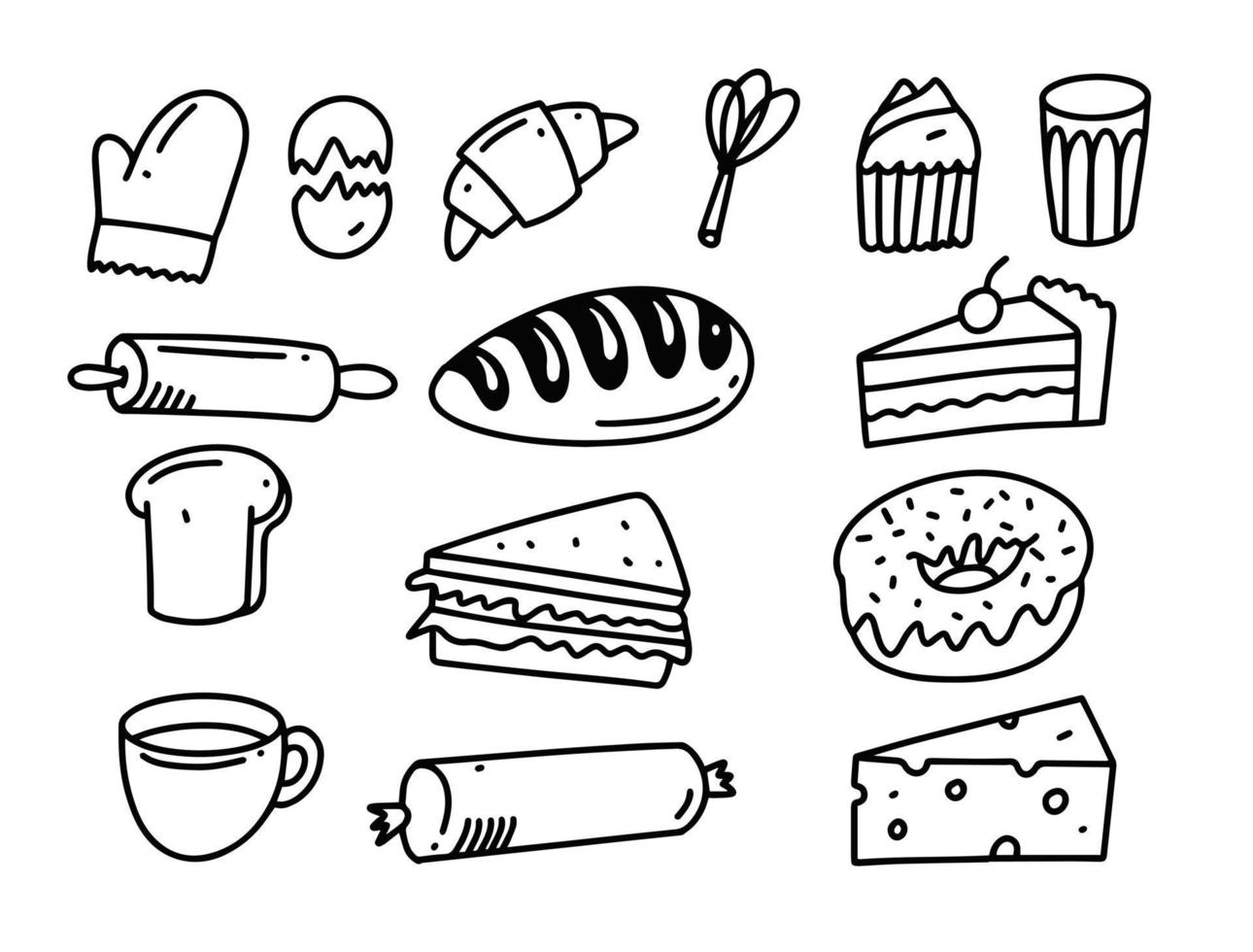 Hand drawn bakery and food elements set. Black color signs vector illustration.