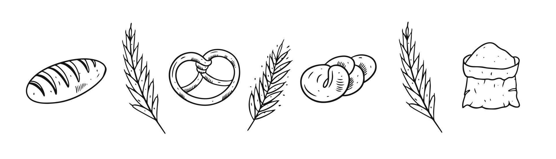 Bakery elements icons set black color outline sketch style flat design. vector