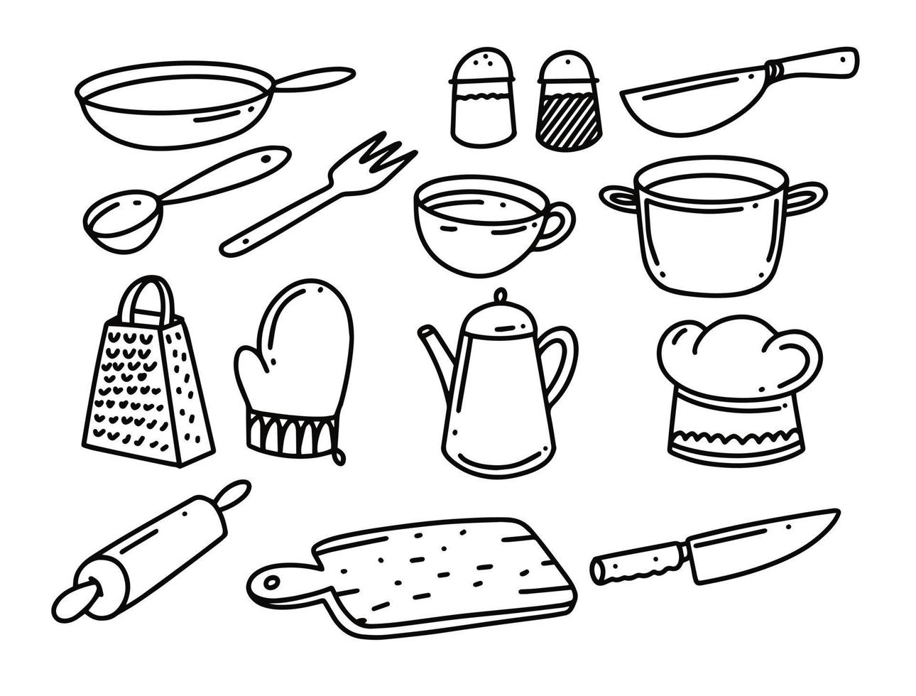 Kitchen doodle elements set. Black color objects vector illustration.Print