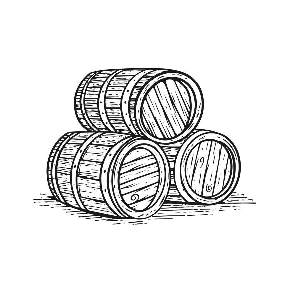 Barrels stacked black color engraving style vector illustration.