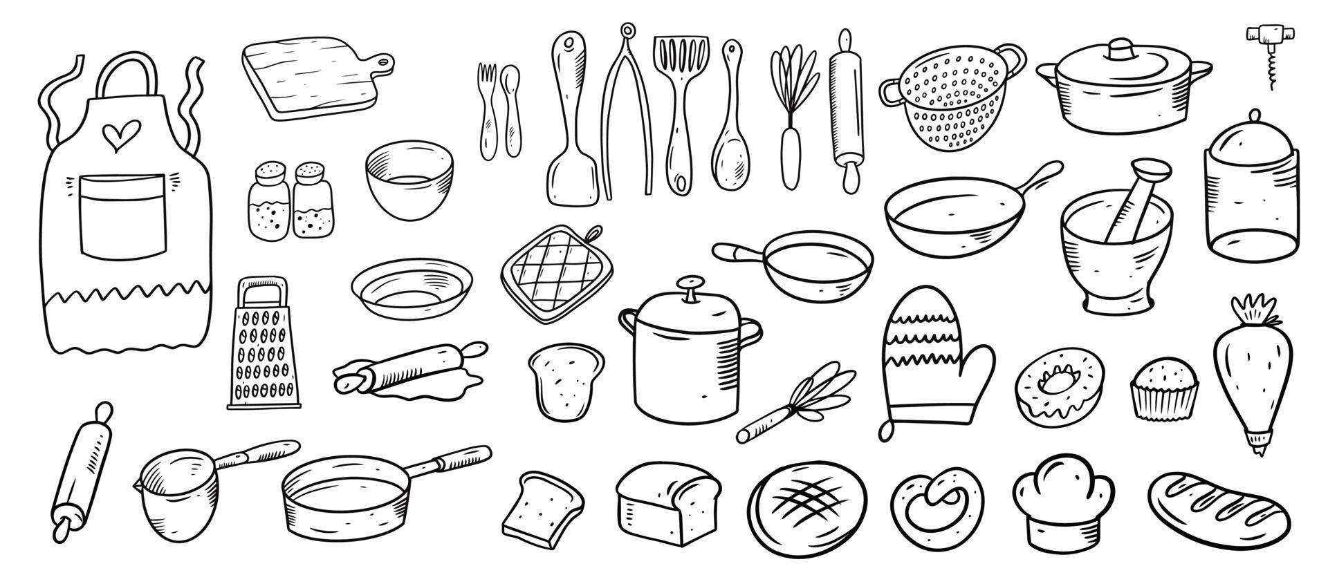 Hand drawn kitchen and bakery tools elements set. Doodle vector. vector