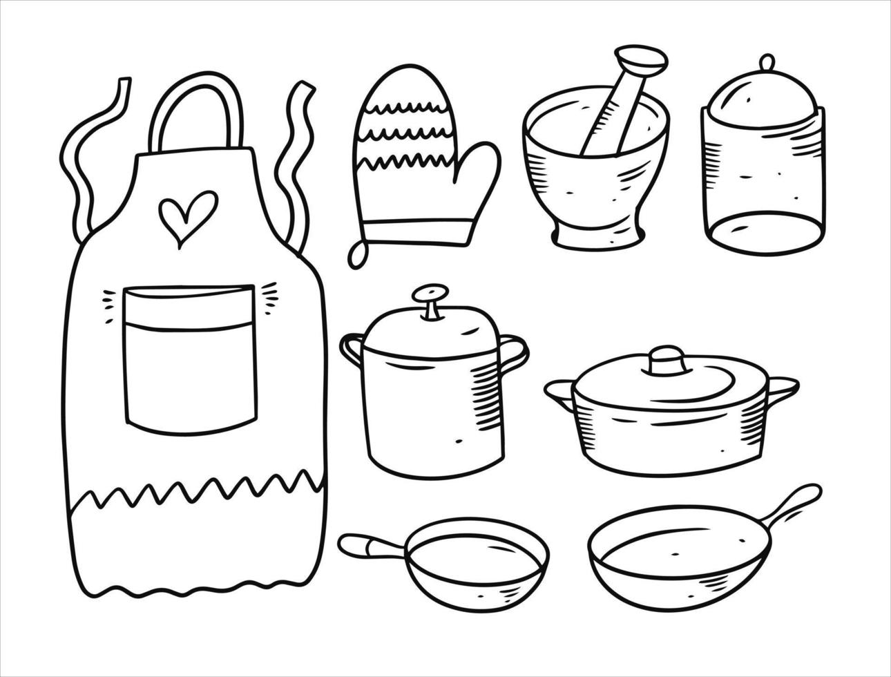 Kitchen doodle elements set. Black color hand drawing sketch. vector