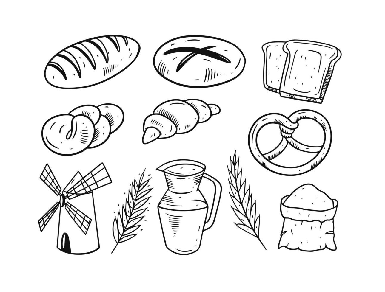 Bakery elements set. Hand drawing black and white colors. vector