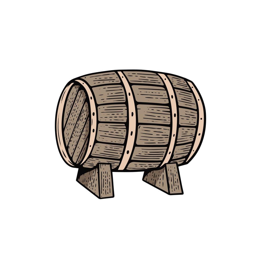 Beer wood barrel hand drawn engraving style vector art illustration.