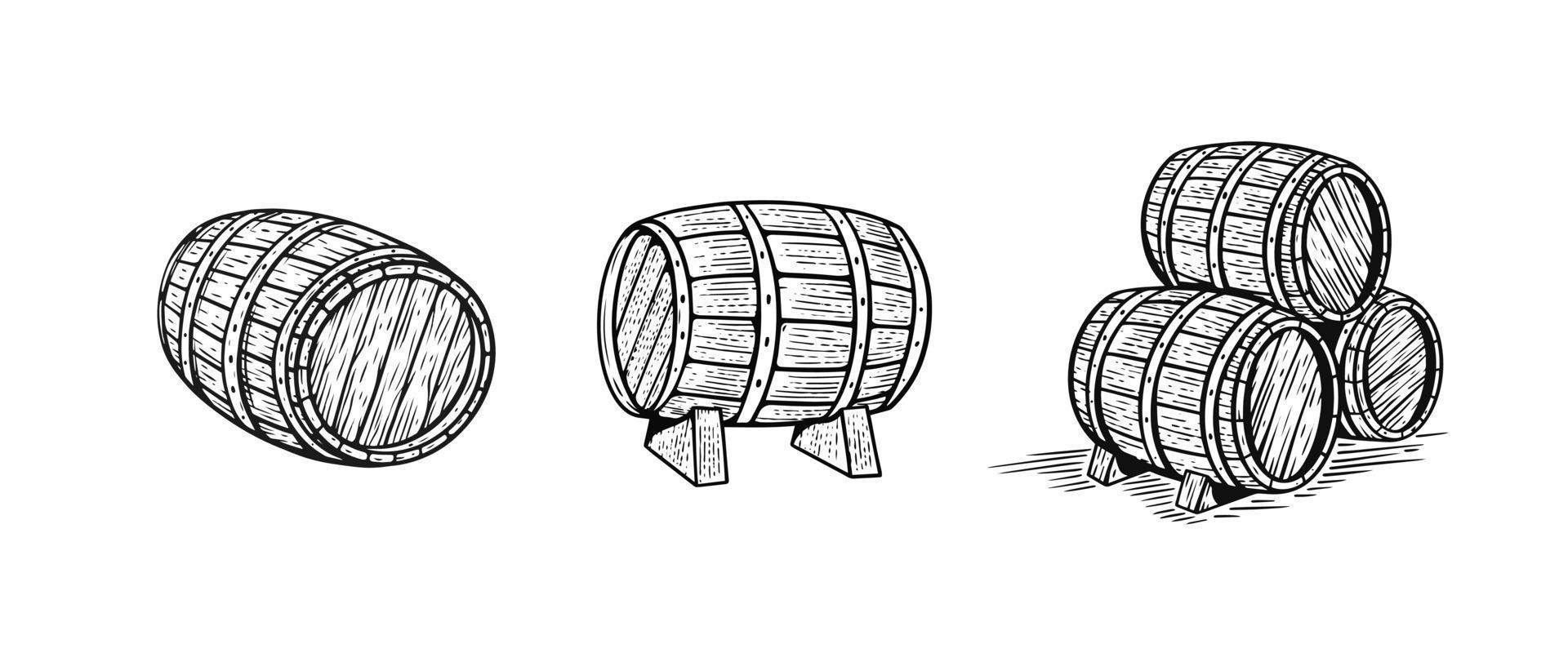 Barrels set black and white engraving style vector illustration.