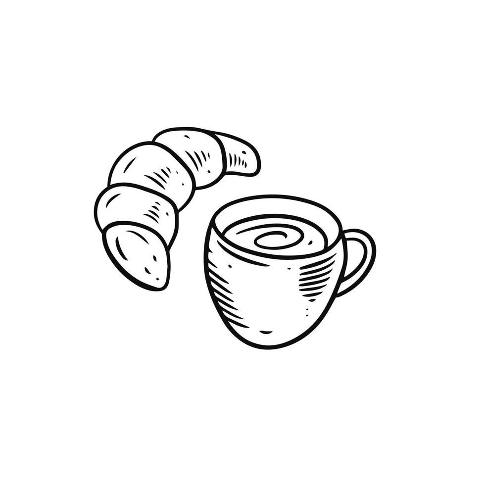 Coffee or tea mug and croissant. Hand drawn black color sketch. vector