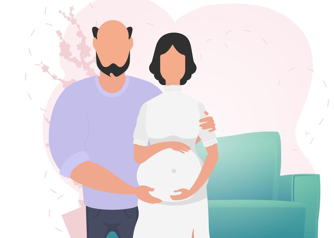 Man and pregnant woman. A poster on the theme of a child's steam jet. Happy pregnancy. Vector illustration in a flat style.