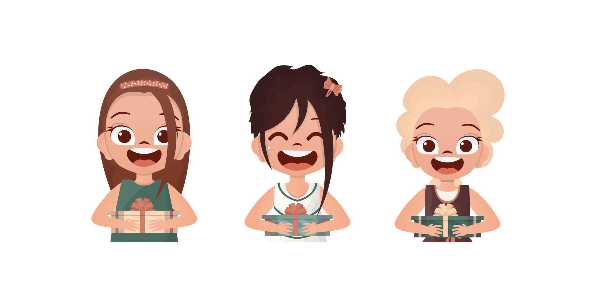 Set of happy baby girls who are holding a gift. Drawing in cartoon style. illustration. vector
