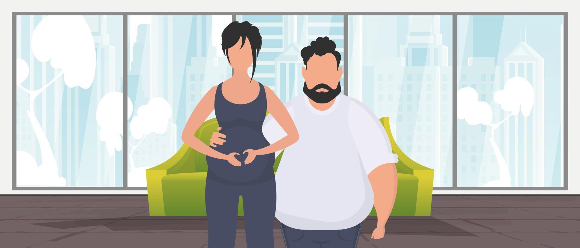 Pregnant woman with her husband. Banner on the theme of couple jet baby. Happy pregnancy. Vector illustration.