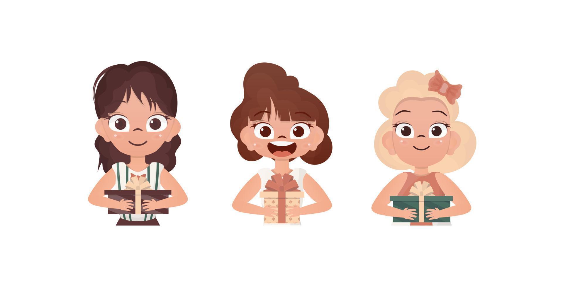 Set of happy baby girls who are holding a gift. Drawing in cartoon style. Vector illustration.