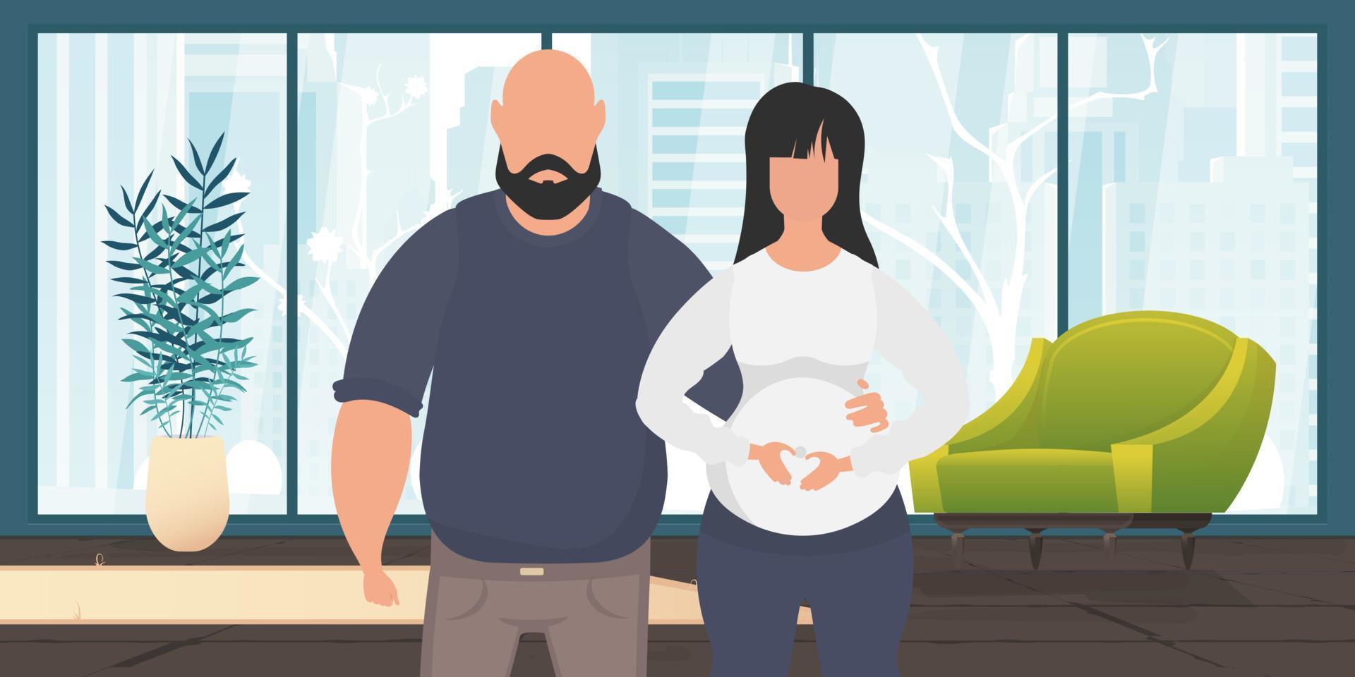 hombre y embarazada mujer. póster en el tema joven familia es esperando para el nacimiento de un niño. positivo y consciente el embarazo. linda ilustración en plano estilo. vector