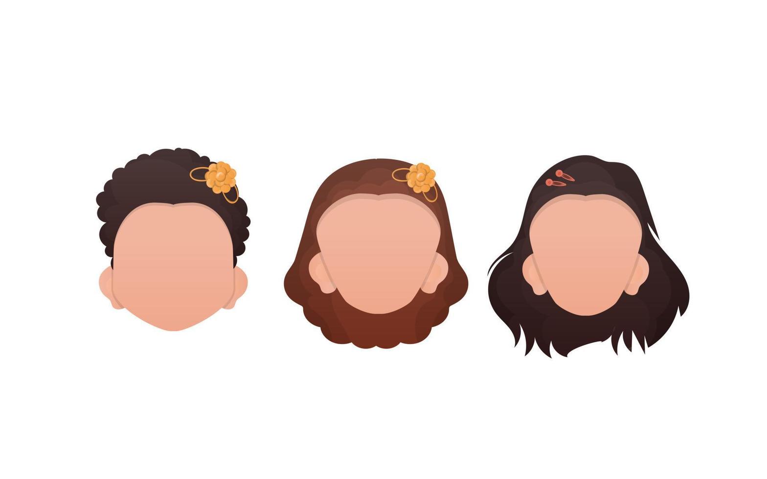 conjunto de muchachas caras aislado en blanco antecedentes. dibujos animados estilo. vector ilustración.