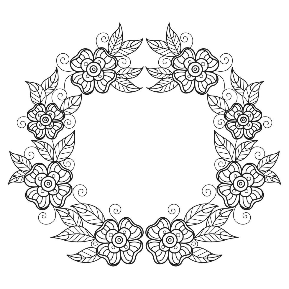 Blooming flower wreath hand drawn for adult coloring book vector