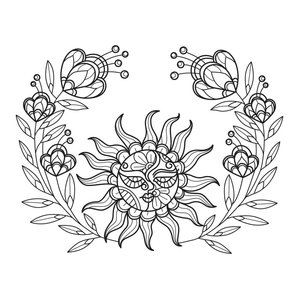 Sun and cute flower hand drawn for adult coloring book vector
