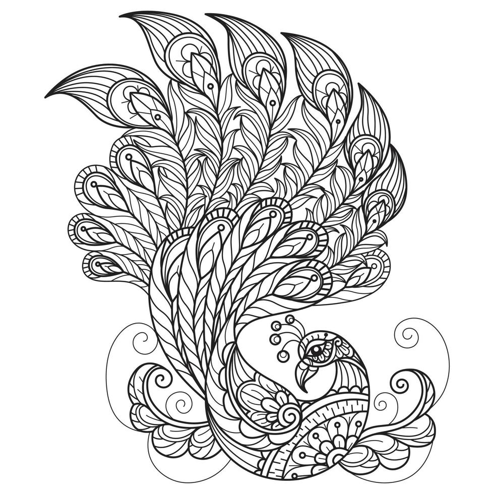 Peacock flying hand drawn for adult coloring book vector