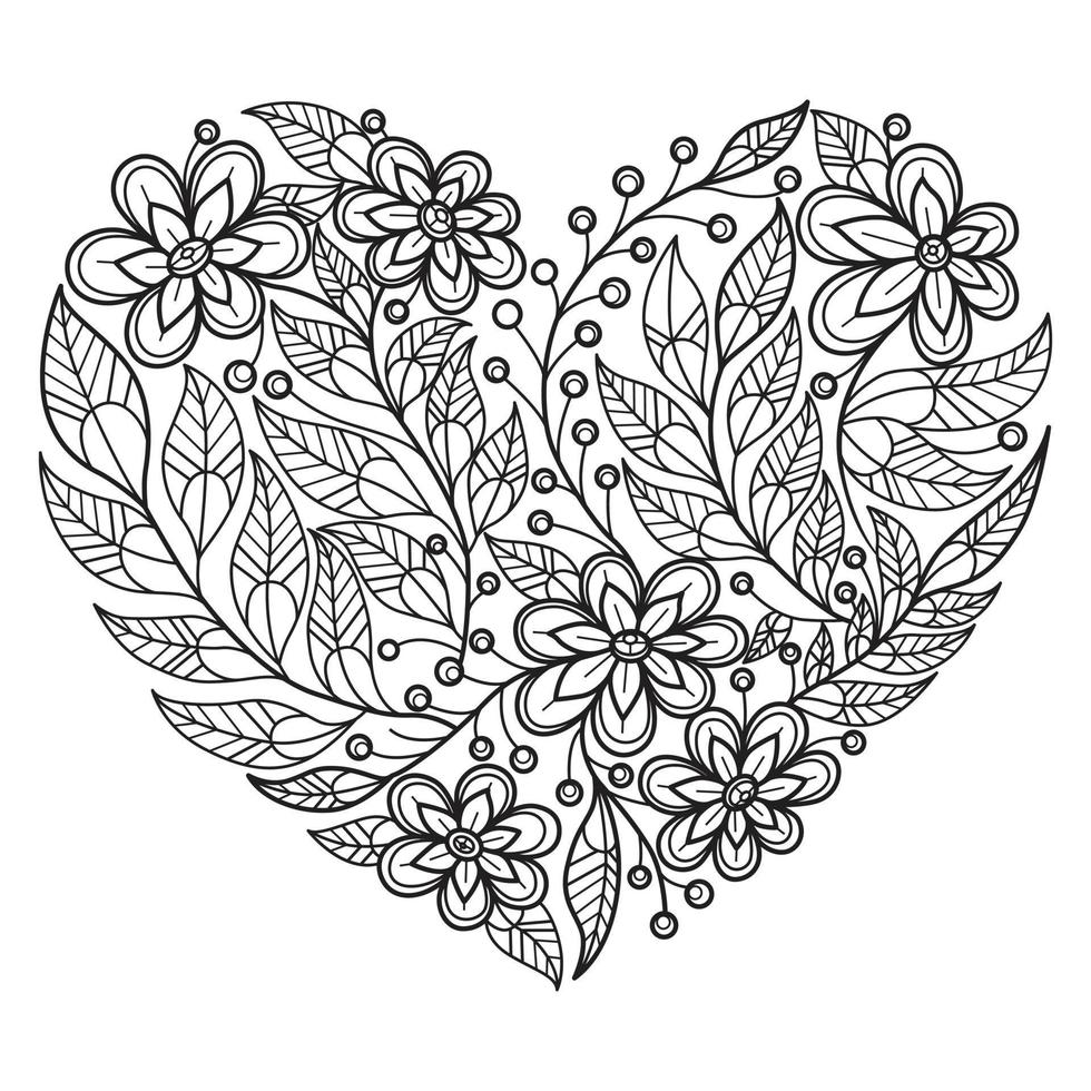 floreciente flor corazón mano dibujado para adulto colorante libro vector