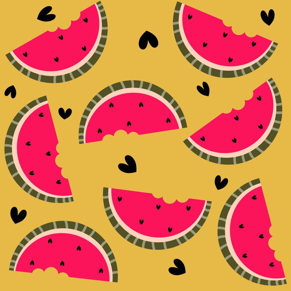 Cute hand drawn seamless vector pattern background illustration with watermelon slice and hearts