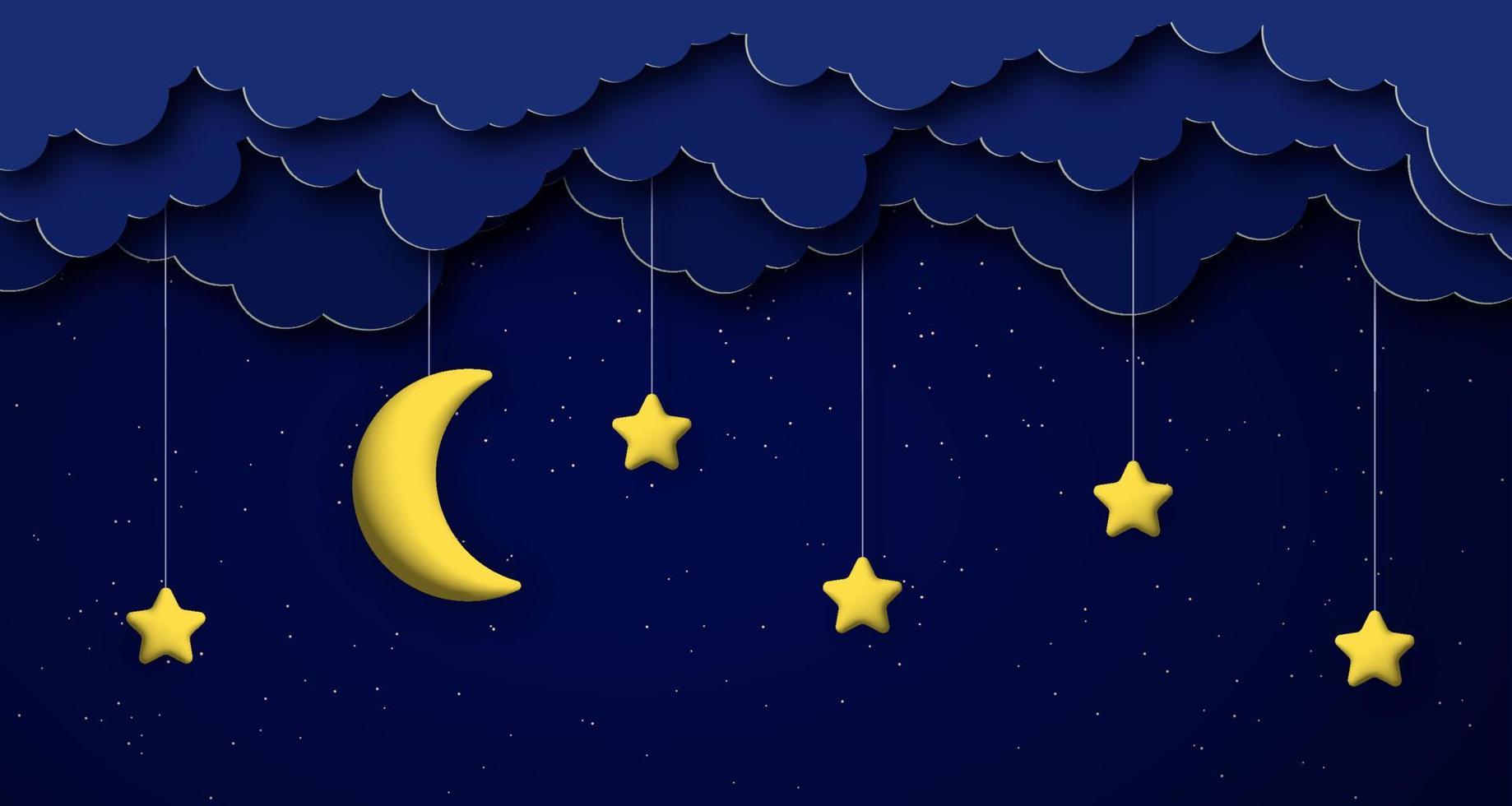 Cute night sky background with paper clouds, 3d moon and stars. Paper cut out and 3d realistic style. vector