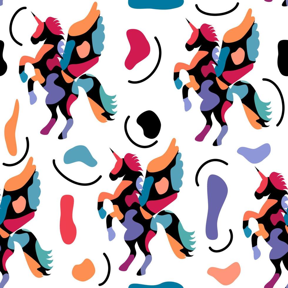colorful cute hand drawn unicorn and abstract shapes seamless vector pattern background illustration
