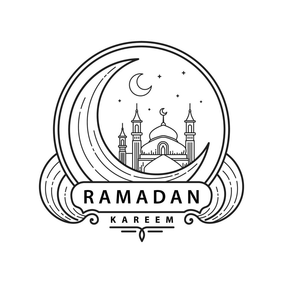 ramdan line art with mosque and crescent moon vector illustration concept of islamic holy month celebration