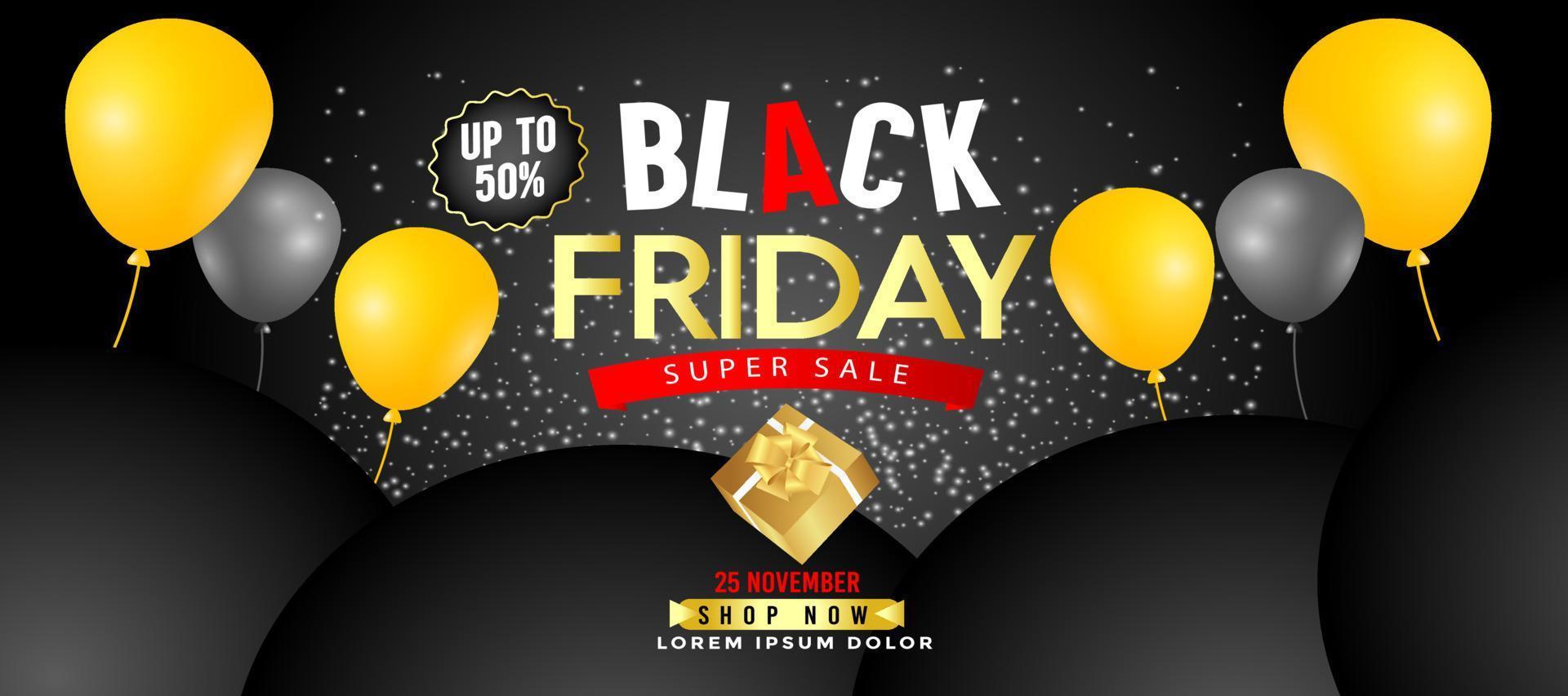 Black Friday Super Sale banner. Realistic 3d design stage podium. black Friday poster background, Open black gift box full of decorative, Golden text lettering, black discount label design. vector