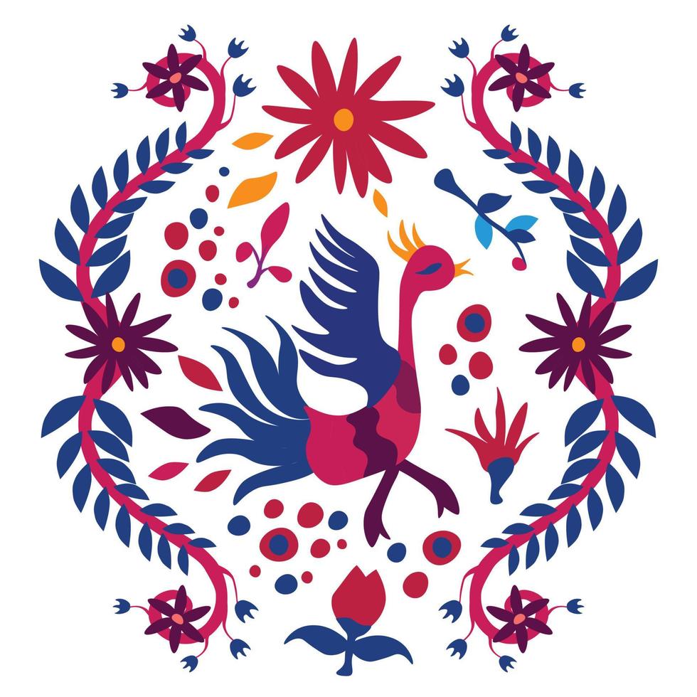 Square vector illustration with birds and flowers inspired by traditional Mexican Otomi embroidery on white background