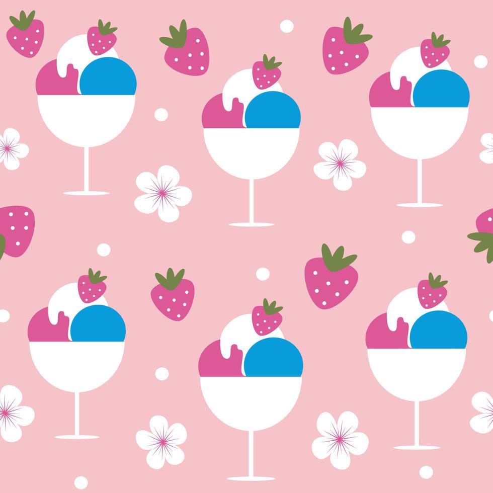 cute lovely seamless vector pattern background illustration with ice cream cups, strawberries and flowers