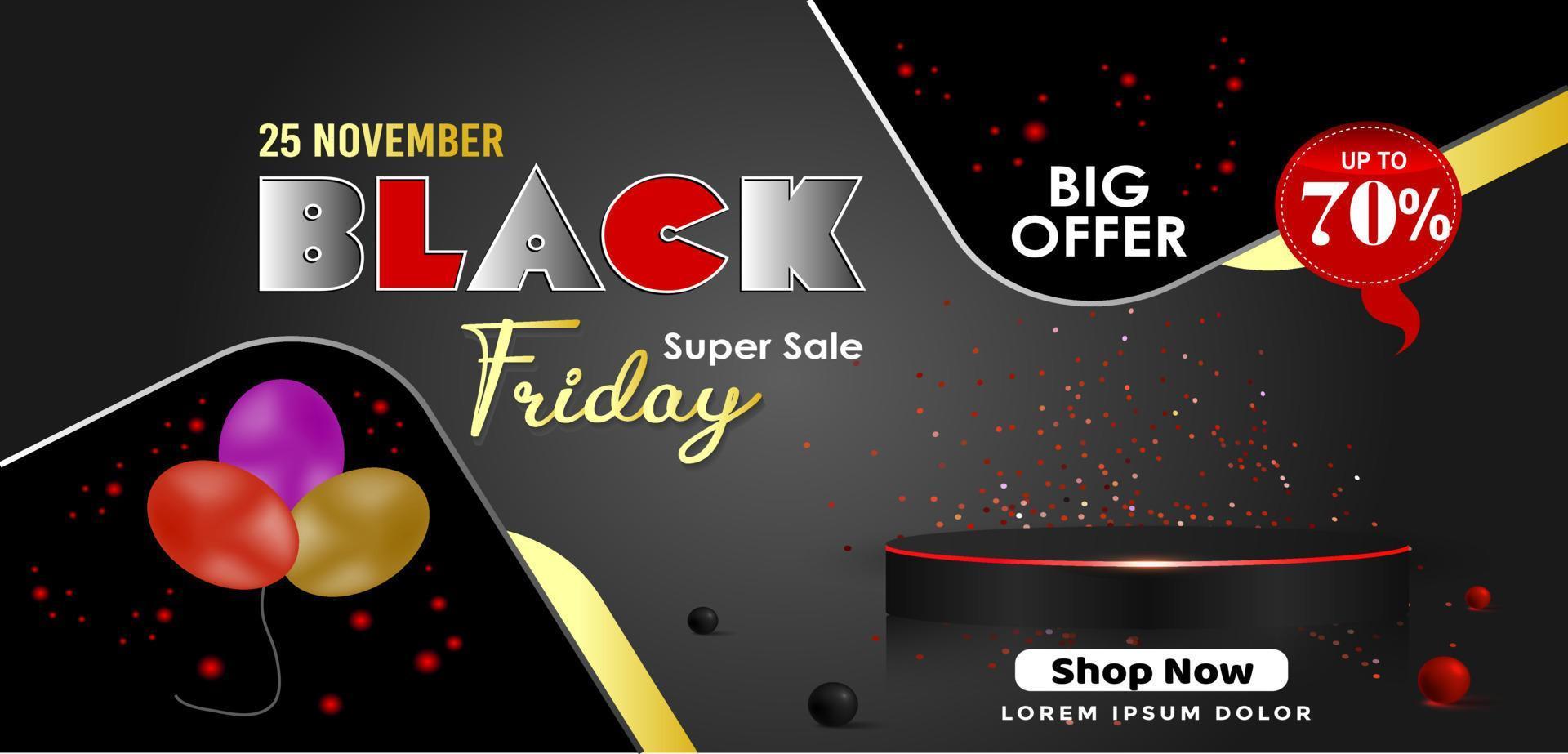 Black Friday Super Sale. Realistic 3d design stage podium. Open black gift box full of decorative, Golden text lettering, black Friday poster background, Xmas background, discount label design. vector