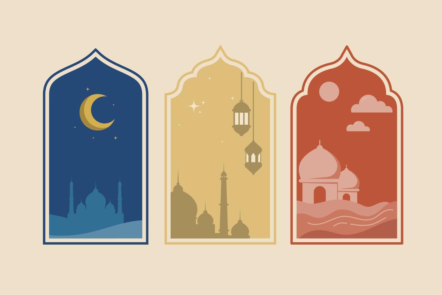 Collection of oriental style Islamic windows and arches ramadan concept with mosque, moon and lantern vector