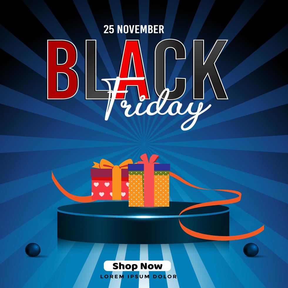 Black Friday Super Sale. Realistic 3d design stage podium. Open black gift box full of decorative, Golden text lettering, black Friday poster background, Xmas background, discount label design. vector