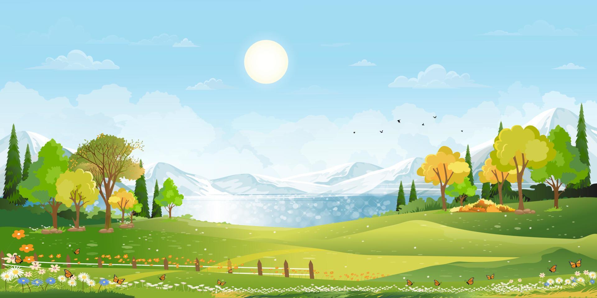 naturaleza primavera paisaje pueblo por el lago con verde campo,nube,azul cielo, natural rural escena campo con bosque árbol,montañas en soleado día verano,bandera para comensal, ambiente día antecedentes vector