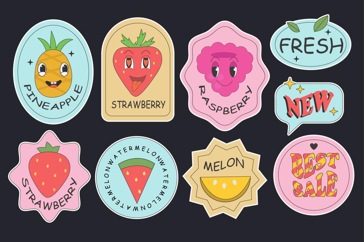 Groovy stickers fruit and text. Cartoon strawberry and watermelon for shop. vector