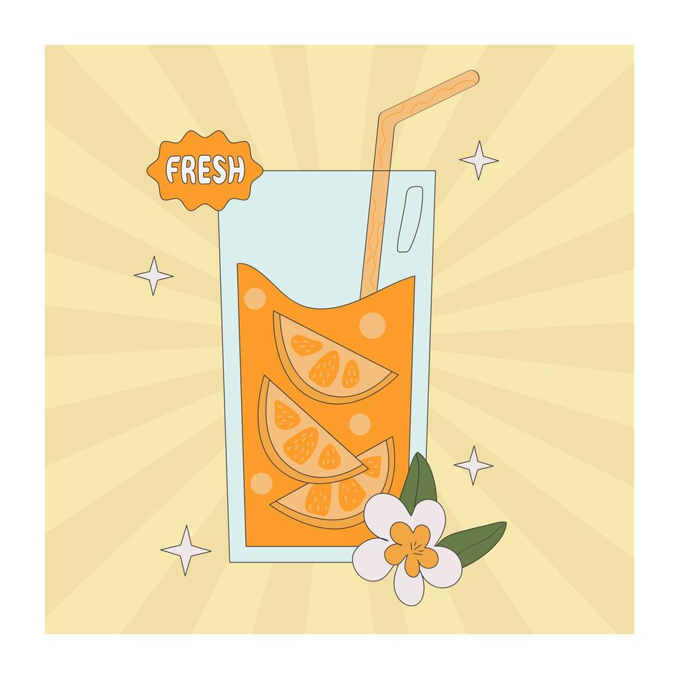 Groovy poster with juice . Drink in retro style with a straw and flower on yellow background. vector