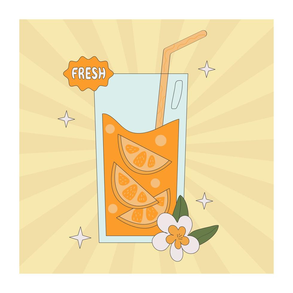 Groovy poster with juice . Drink in retro style with a straw and flower on yellow background. vector