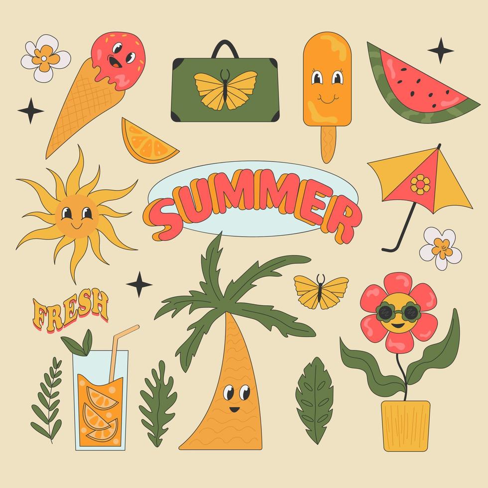 Groovy summer set. Retro cartoon stickers. Flowers and tropical leaves, palm and sun on isolated background. vector