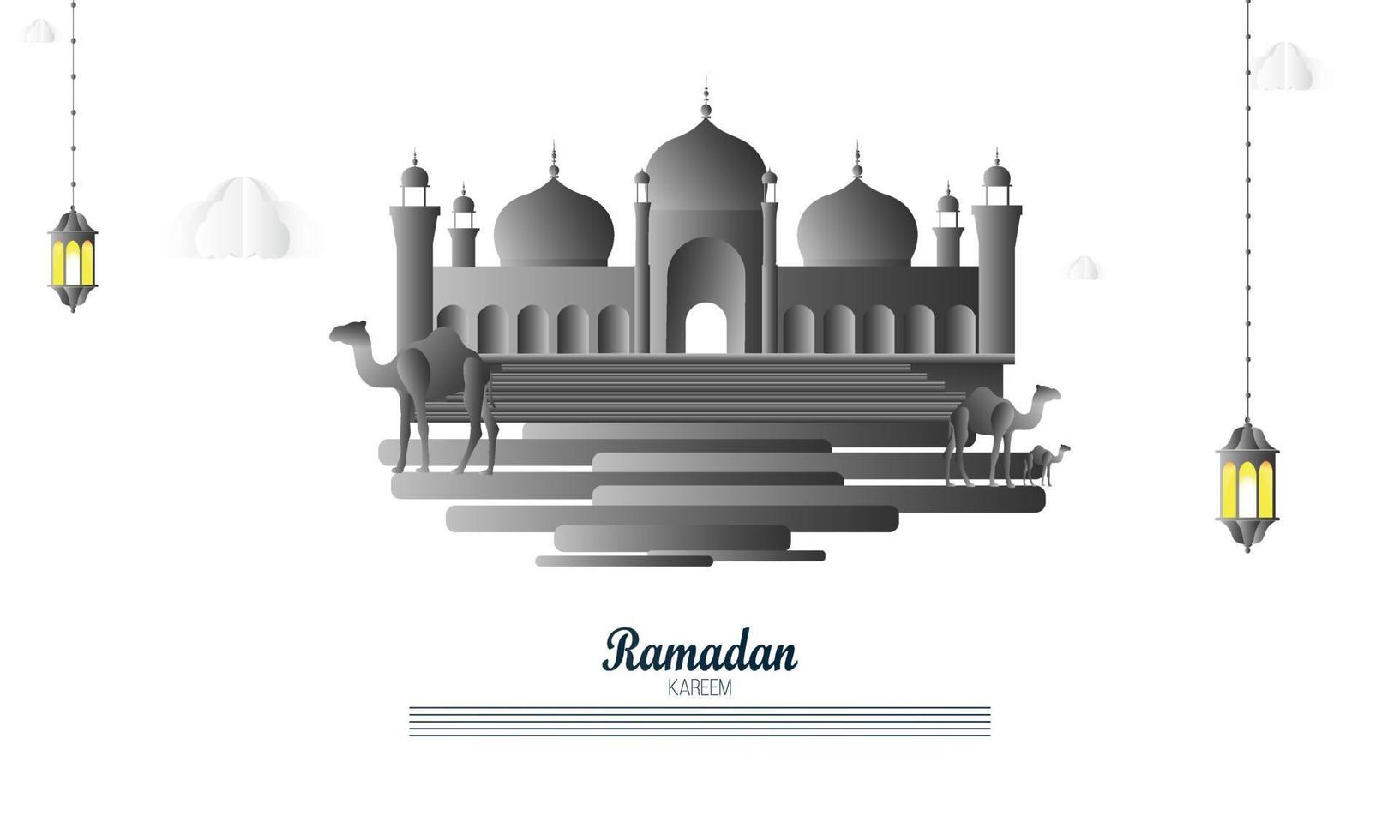 hermosa Ramadán kareem saludo tarjeta diseño, Ramadán kareem saludo con mezquita y caligrafía letras antecedentes. vector