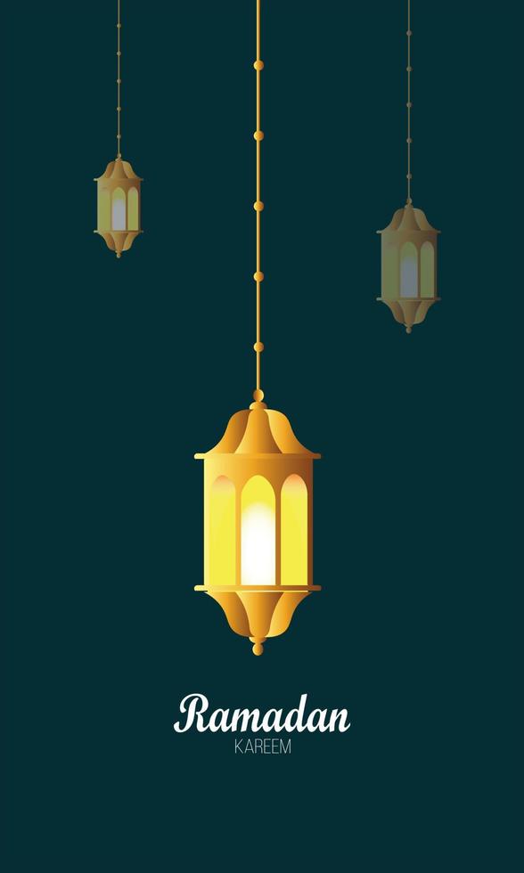 Ramadan kareem poster, arabic calligraphy with hanging ramadan lanterns and crescent element, glittering background - Vector