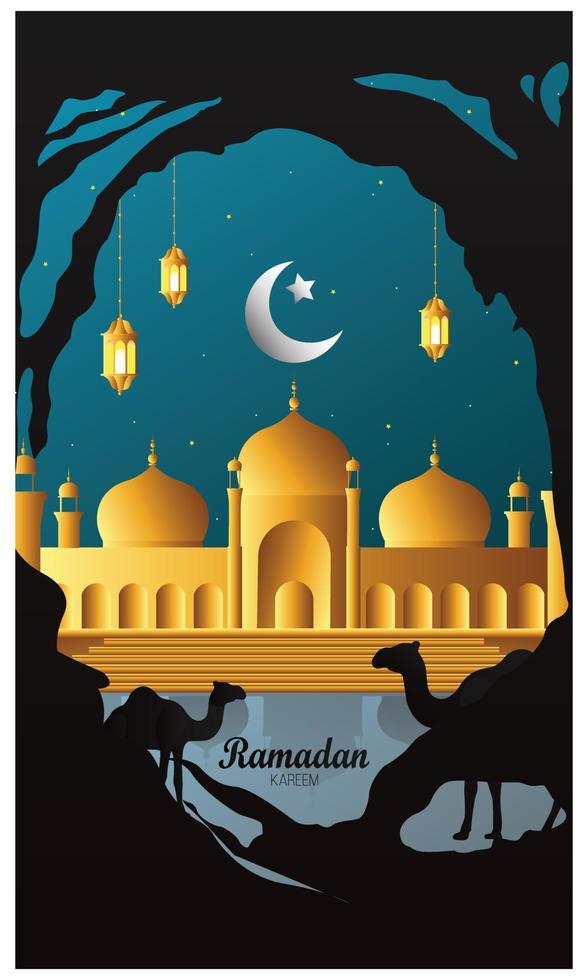 Ramadan Kareem beautiful greeting card with islamic background with mosques suitable also for Eid Mubarak . - Vector