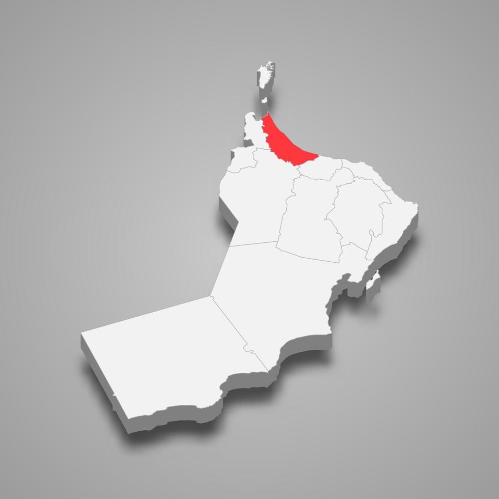 Al Batinah North region location within Oman 3d map vector