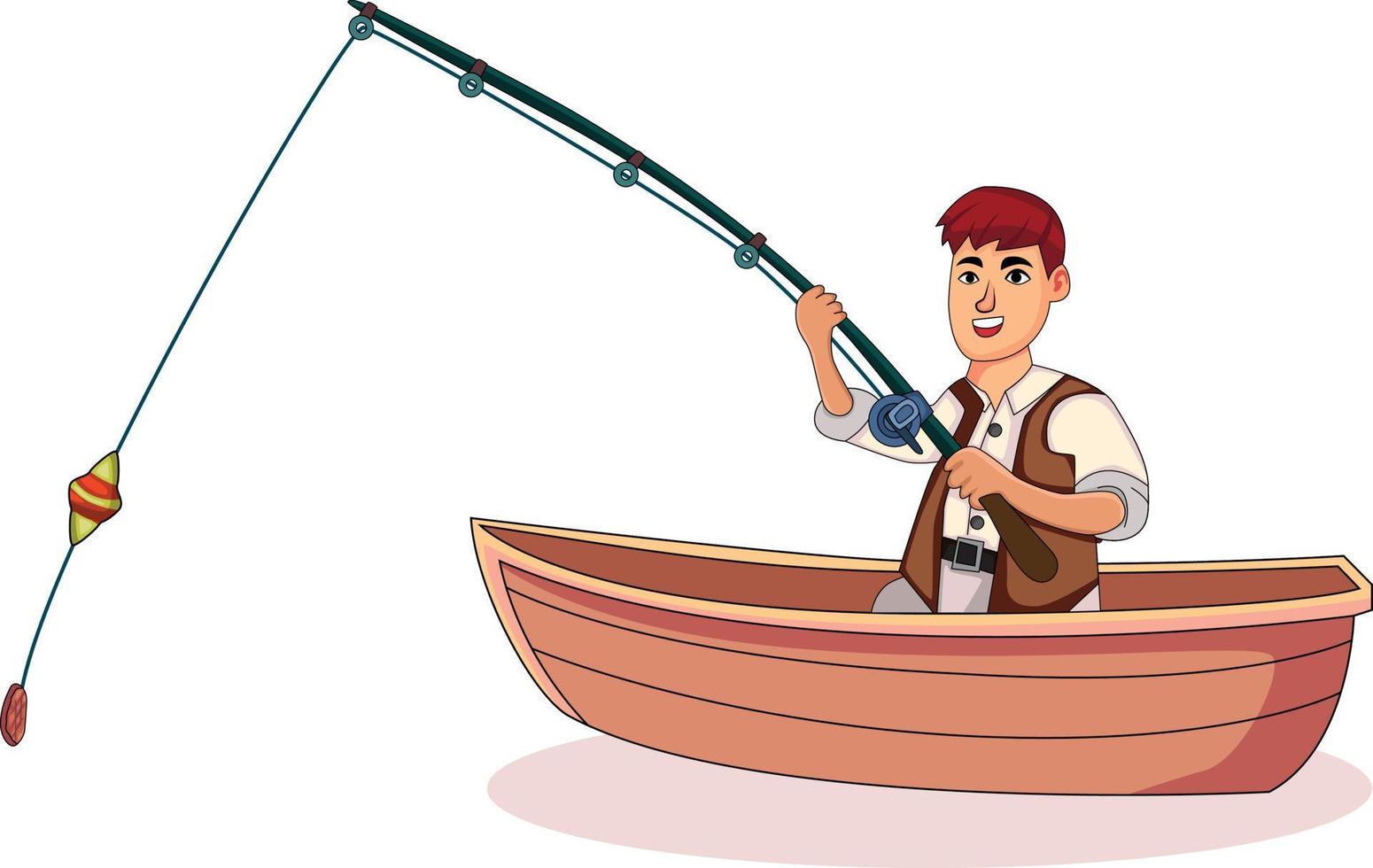 pescador atrapando pescado en el bote, dibujos animados escena vector