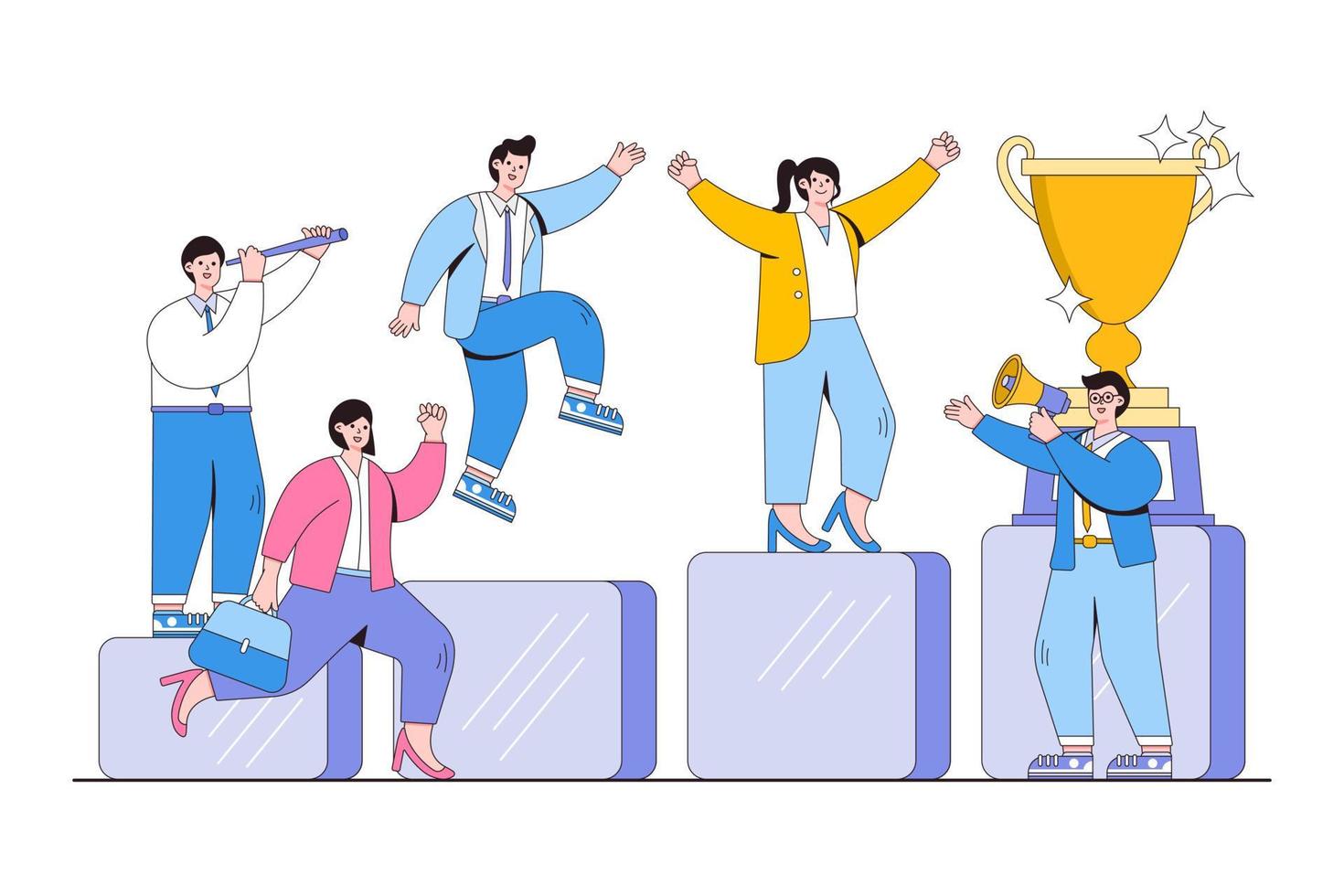 Business team success concept. Office workers celebrating with big trophy. Employe run to their goal on the column of columns, move up motivation. Minimal vector illustration for landing page
