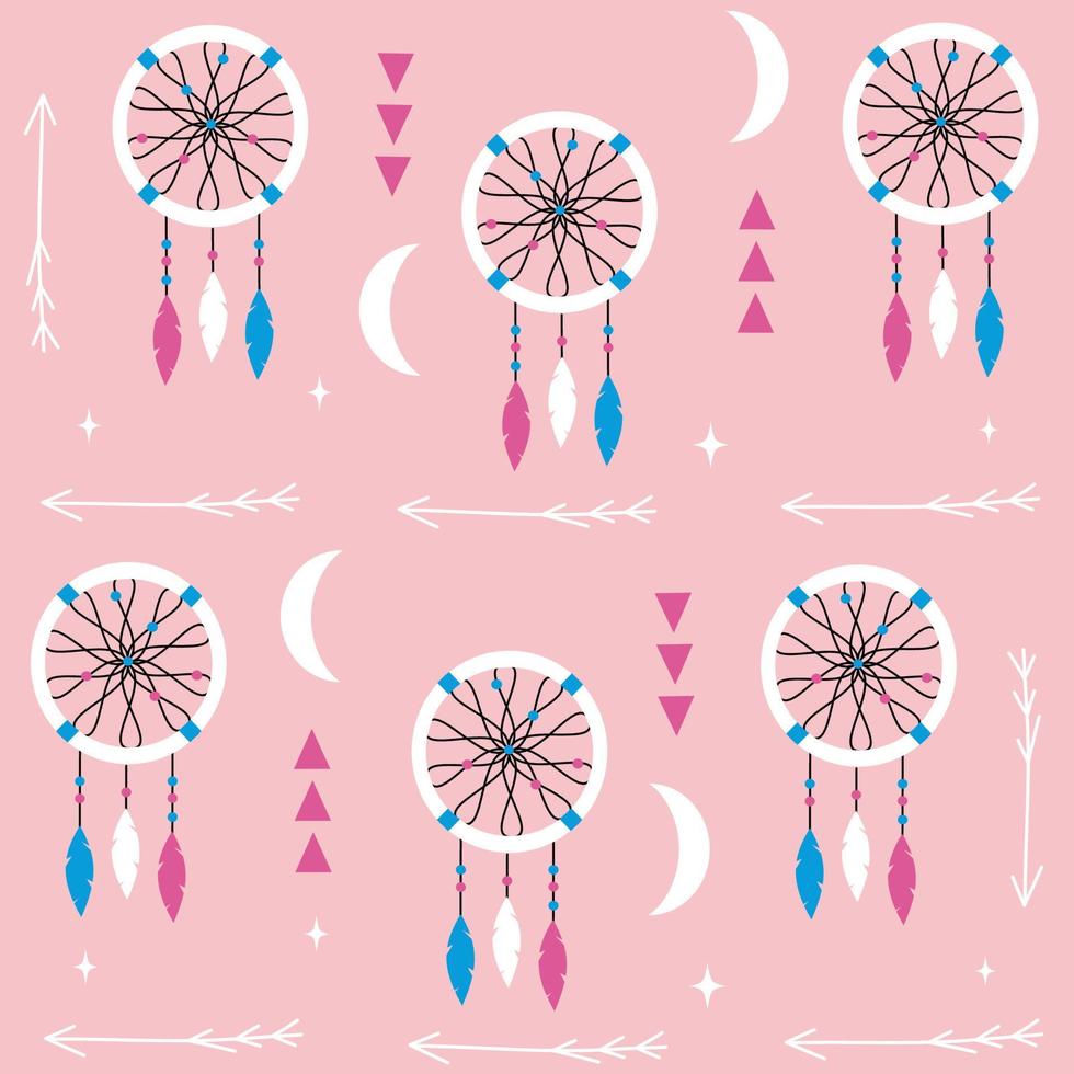 cute lovely seamless vector pattern background illustration with dream catcher, moon, stars, arrows and stars