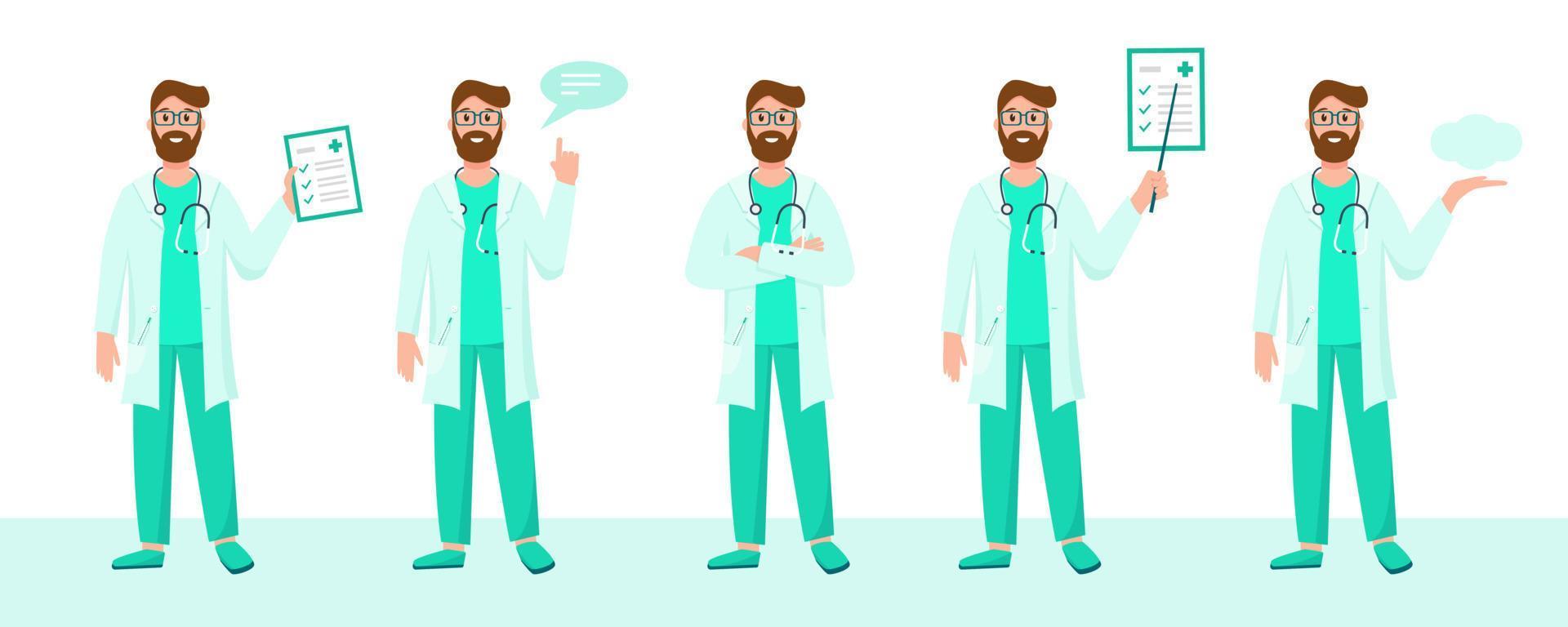 médico conjunto en diferente poses vistiendo uniforme con estetoscopios doctores caracteres en blanco antecedentes. médico consulta, apoyo o seguro concepto. vector