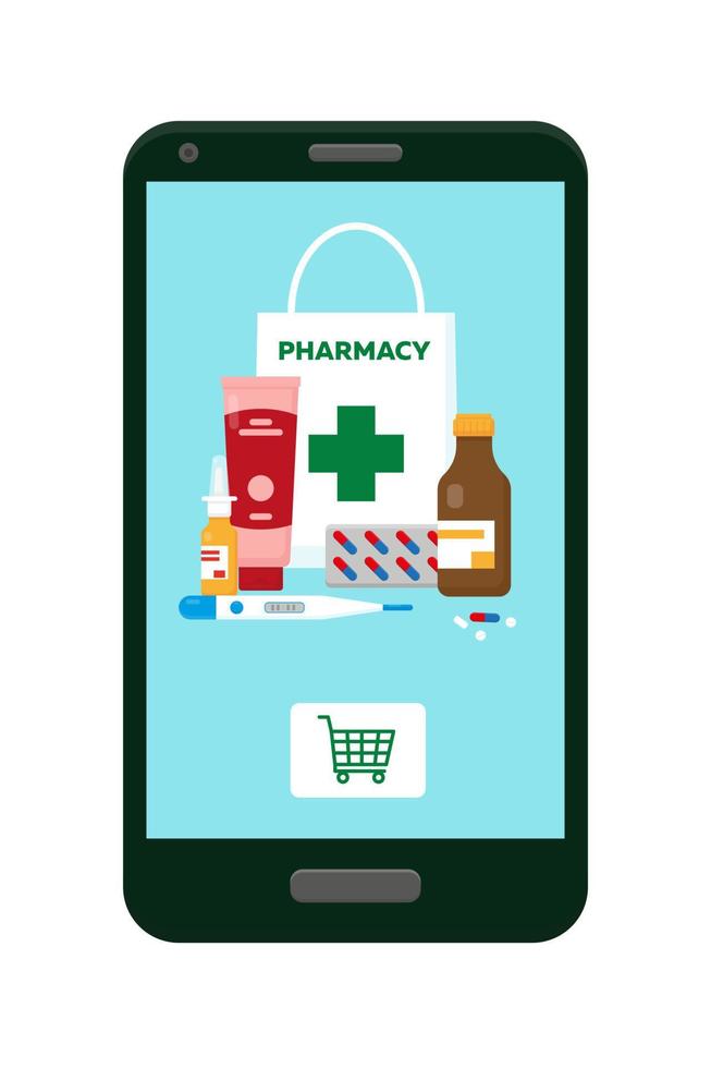 Online pharmacy concept. Medication on mobile phone. Vector illustrtion.